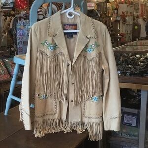 0253 Cripple Creek Leather Jacket w/ Fringe & Beading; EUC size L